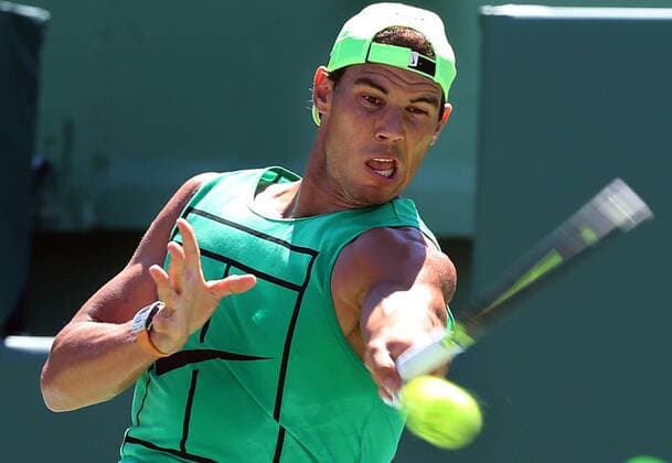 March 21, 2017 - Miami, Florida, U.S. - Spain s RAFAEL NADAL hits a return against Bulgaria s G. Dimitrov during a practice session for the Miami Open at Crandon Park Tennis Center in Key Biscayne. Tennis 2017 - Miami Open - Day Two - ZUMAm67_ 20170321_zaf_m67_008 Copyright: xPedroxPortalx
