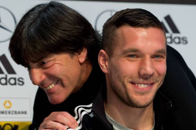 Dortmund, Germany 21.03.2017, Pressekonferenz Deutsche Nationalmannschaft , Trainer, Bundestrainer Joachim Loew (GER) und Lukas Podolski (GER) ( DeFodi001