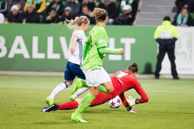v.li.: Eugenie Le Sommer (Olympique Lyon, 9), Babett Peter (VfL Wolfsburg, 8), Almuth Schult (VfL Wolfsburg, 1, Torwart, goal keeper); Abseits; Offside, Fußball, Frauen, UEFA Women s Champions League, VfL Wolfsburg - Olympique Lyonnais, xprx