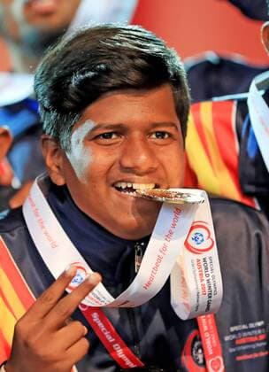 SPECIAL OLYMPICS - SOWWG 2017 GRAZ,AUSTRIA,24.MAR.17 - SPECIAL OLYMPICS, FLOOR HOCKEY - World Winter games Winterspiele Spiele Summer games award ceremony. Image shows a Special Olympics athlete from Bharat India. GEPAxpictures xMarioxBuehner