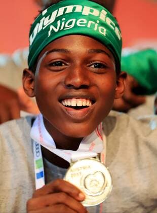 SPECIAL OLYMPICS - SOWWG 2017 GRAZ,AUSTRIA,24.MAR.17 - SPECIAL OLYMPICS, FLOOR HOCKEY - World Winter games Winterspiele Spiele Summer games award ceremony. Image shows a Special Olympics athlete from Nigeria. GEPAxpictures xMarioxBuehner