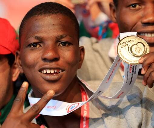 SPECIAL OLYMPICS - SOWWG 2017 GRAZ,AUSTRIA,24.MAR.17 - SPECIAL OLYMPICS, FLOOR HOCKEY - World Winter games Winterspiele Spiele Summer games award ceremony. Image shows a Special Olympics athlete from Nigeria. GEPAxpictures xMarioxBuehner