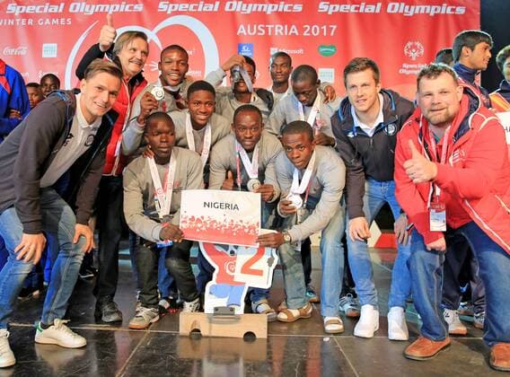 SPECIAL OLYMPICS - SOWWG 2017 GRAZ,AUSTRIA,24.MAR.17 - SPECIAL OLYMPICS, FLOORBALL - World Winter games Winterspiele Spiele Summer games award ceremony. Image shows the Special Olympics team from Nigeria with Stefan Hierlaender (SK Sturm Graz), Deni Alar (SK Sturm Graz) and guests. GEPAxpictures xMarioxBuehner