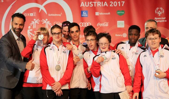 SPECIAL OLYMPICS - SOWWG 2017 GRAZ,AUSTRIA,24.MAR.17 - SPECIAL OLYMPICS, FLOORBALL - World Winter games Winterspiele Spiele Summer games award ceremony. Image shows Philipp Hofer and the Special Olympics team from Austria Europe. GEPAxpictures xMarioxBuehner
