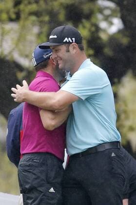 Spanish golfers Sergio Garcia (L) and Jon Rahm Rodriguez hug during the third day of the PGA Golf Herren Dell Match Play golf tournament at the Country Club in Austin, Texas, United States, 24 March 2017. The World Championship WM Weltmeisterschaft that will end next 26 March offers a prize of 9,750,000 dollars. DELL MATCH PLAY GOLF TOURNAMENT IN AUSTIN, TEXAS !ACHTUNG: NUR REDAKTIONELLE NUTZUNG!  Copyright: xChrisxCovattax TEX001 20170324-636259832821266119