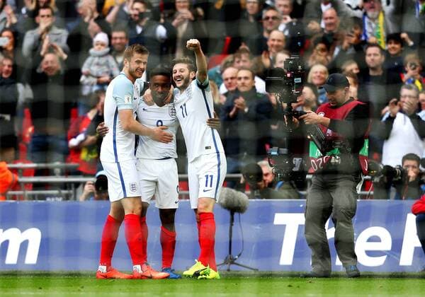 Jermiane Defoe of England celebrates after scoring his sides first goal during the Group F World Cup Qualifier at Wembley Stadium, London. Picture date: March 26th, 2017. Pic credit should read: Matt McNulty Sportimage EDITORIAL USE ONLY. No use with unauthorised audio, video, data, fixture lists, club league logos or live services. Online in-match use limited to 120 images, no video emulation. No use in betting, games or single club league player publications.