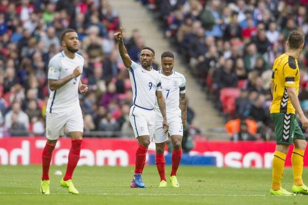Jermain Defoe of England celebrates scoring the opening goal during the 2018 World Cup Qualifier Group F match between England and Lithuania at Wembley Stadium, London, England on 26 March 2017. Copyright: xDarrenxMusgrovex 14620024