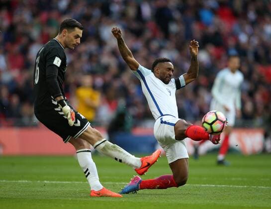 England s Jermain Defoe tussles with Lithuania s Ernestas Setkus during the World Cup Qualifying match at Wembley Stadium, London. Picture date: March 26th, 2017. Pic credit should read: David Klein Sportimage EDITORIAL USE ONLY. No use with unauthorised audio, video, data, fixture lists, club league logos or live services. Online in-match use limited to 120 images, no video emulation. No use in betting, games or single club league player publications.