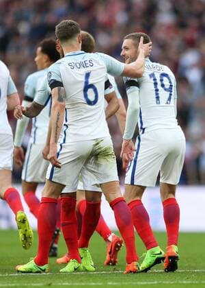 FuÃŸball, WM Quali, England - Litauen March 26th 2017, Wembley Stadium, London, England; World Cup 2018 Qualification football, England versus Lithuania; Jamie Vardy of England celebrates after scoring his sides 2nd goal in the 67th minute to make it 2-0 with John Stones of England xJohnxPatrickxFletcherx  ActionPlus11860850