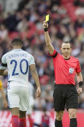 Marcus Ashford of England is shown the Yellow card by Match Referee Ruddy Buquet during the 2018 World Cup Qualifier Group F match between England and Lithuania at Wembley Stadium, London, England on 26 March 2017. Copyright: xDarrenxMusgrovex 14620063