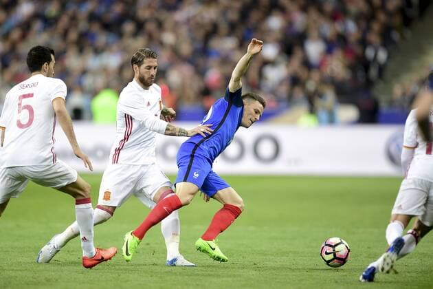 Fußball, Frankreich - Spanien Kevin Gameiro (France)vs Sergio Ramos (Espagne) FOOTBALL : France vs Espagne - Match Amical- St Denis - 28 03 2017 JBAutissier Panoramic 