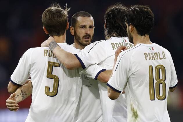 (l-r) Daniele Rugani of Italy, Leonardo Bonucci of Italy, Alessio Romagnoli of Italy, Marco Parolo of Italyduring the friendly match between Netherlands and Italy at the Amsterdam Arena on March 28, 2017 in Amsterdam, The Netherlands Netherlands v Italy Friendly match 2016 2017 xVIxxIVx 7446536