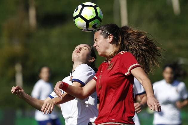 March 28, 2017 - Oeiras, Lisbon, Portugal - Andreia Faria of Portugal and Berta Pujadas of Spain during the UEFA U17 U 17 Women s Championship Qualifier match between Spain and Portugal at Cidade do Futebol stadium on March 28, 2017 in Oeiras, Portugal. Spain v Portugal - UEFA U17 Women s Championship  - ZUMAn230 20170328_zaa_n230_250 Copyright: xFilipexAmorimx