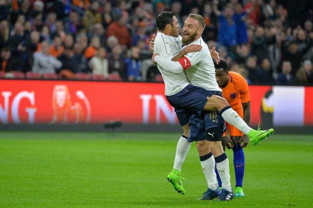 March 28, 2017 - Amsterdam, Netherlands - Italians Daniele De Rossi and Eder Citadin Martins celebrate a goal during the friendly match between Netherlands and Italy on March 28, 2017 at the Amsterdam ArenA in Amsterdam, Netherlands. Netherlands v Italy - International Friendly Länderspiel  - ZUMAn230 20170328_zaa_n230_282 Copyright: xAndyxAstfalckx
