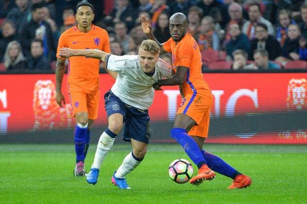 March 28, 2017 - Amsterdam, Netherlands - Ciro Immobile from Italy is challenged by Bruno Martins Indi from the Netherlands during the friendly match between Netherlands and Italy on March 28, 2017 at the Amsterdam ArenA in Amsterdam, Netherlands. Netherlands v Italy - International Friendly Länderspiel  - ZUMAn230 20170328_zaa_n230_298 Copyright: xAndyxAstfalckx