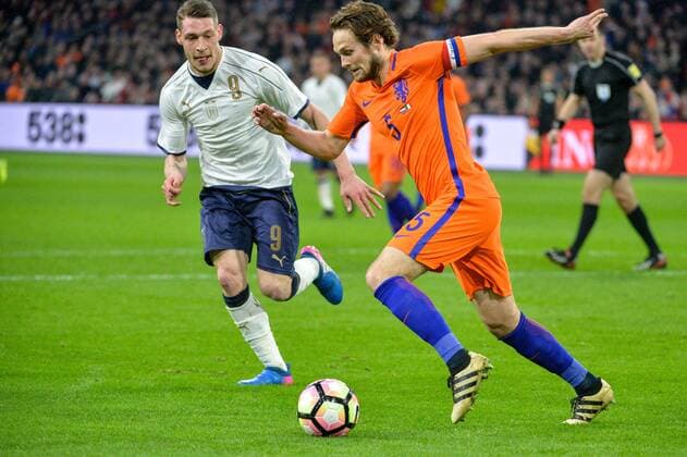 March 28, 2017 - Amsterdam, Netherlands - Daley Blind from the Netherlands and Andrea Belotti from Italy during the friendly match between Netherlands and Italy on March 28, 2017 at the Amsterdam ArenA in Amsterdam, Netherlands. Netherlands v Italy - International Friendly Länderspiel  - ZUMAn230 20170328_zaa_n230_301 Copyright: xAndyxAstfalckx