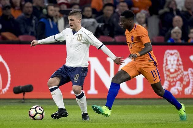 28.03.2017, Amsterdam Arena, Amsterdam, NED, Testspiel, Niederlande vs Italien, im Bild Marco Verratti of Italy (L), Quincy Promes of Netherlands (R) Marco Verratti of Italy (L), Quincy Promes of Netherlands (R) during the International Friendly Länderspiel Football Match between Netherlands and Italy at the Amsterdam Arena in Amsterdam, Netherlands on 2017 03 28. Amsterdam  EP_fil  