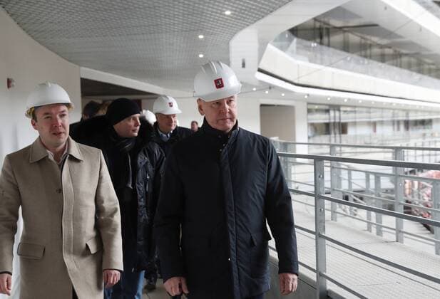 MOSCOW, RUSSIA - MARCH 29, 2017: Moscow Mayor Sergei Sobyanin (R) examines the progress of renovation works at the Luzhniki Stadium ahead of the 2018 FIFA World Cup WM Weltmeisterschaft Fussball Valery Sharifulin TASS  TS045E9A