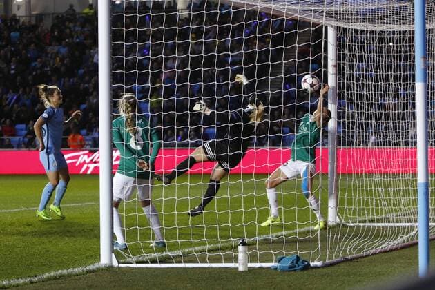 March 30th 2017, Academy Stadium, Manchester, England; Womens UEFA Champions League football, Manchester City Women versus Fortuna Hjorring; Fortuna Hjorring keeper Maria Christensen is beaten as Lucia Bronze of Manchester City Women scores the first goal for City just before half time xAlanxMartinx  ActionPlus11861914