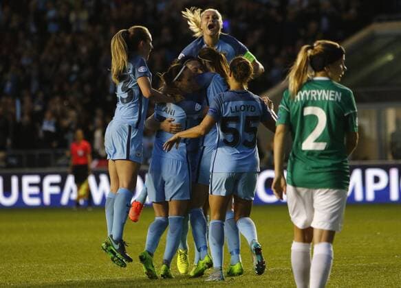 March 30th 2017, Academy Stadium, Manchester, England; Womens UEFA Champions League football, Manchester City Women versus Fortuna Hjorring; Manchester City Women players celebrate after Lucia Bronze scores the first goal for City just before half time xAlanxMartinx  ActionPlus11861916