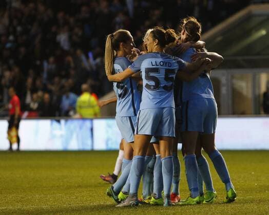 March 30th 2017, Academy Stadium, Manchester, England; Womens UEFA Champions League football, Manchester City Women versus Fortuna Hjorring; Manchester City Women players celebrate after Lucia Bronze scores the first goal for City just before half time xAlanxMartinx  ActionPlus11861917
