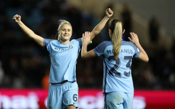 Football - 2016 2017 UEFA Women™s Champions League - Quarter-Final, Second Leg: Manchester City 1 vs. Fortuna Hjorring 0 Steph Houghton of Manchester City celebrates after winning the match at Academy Stadium, Manchester. COLORSPORT LYNNE CAMERON 