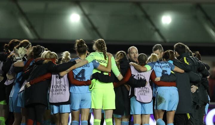 Football - 2016 2017 UEFA Women™s Champions League - Quarter-Final, Second Leg: Manchester City 1 vs. Fortuna Hjorring 0 Nick Cushing of Manchester City speak to the team after winning the match at Academy Stadium, Manchester. COLORSPORT LYNNE CAMERON 