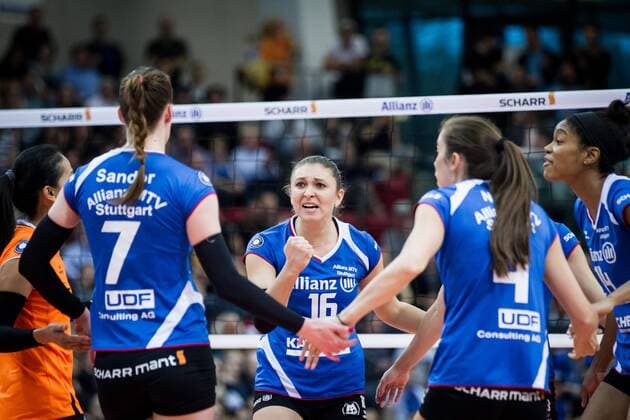 Jubel Michaela Mljenkova (16 MTV); 1. Volleyball Bundesliga Play-Off Halbfinale: Allianz MTV Stuttgart vs Dresdner SC, SCHARRena, Stuttgart Germany, 20170401; Stuttgart Copyright: xWuechner Eibner-Pressefotox EP_NWR
