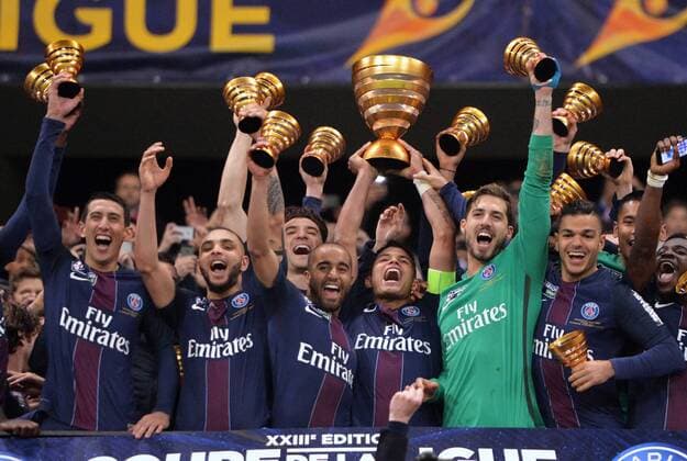 Bilder des Tages - SPORT Thiago Silva (psg) - Lucas (psg) - Kevin Trapp (psg) - Layvin Kurzawa (psg) - Angel Di Maria (psg) FOOTBALL : Monaco vs Paris SG - Finale Coupe de la Ligue - 01 04 2017 AnthonyBIBARD FEP Panoramic 