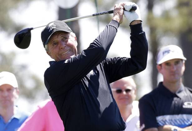 Gary Player hits a tee shot while playing a practice round at the 2017 Masters Tournament at Augusta National Golf Club in Augusta, Georgia on April 2, 2017.  AUG20170402106 JOHNxANGELILLO