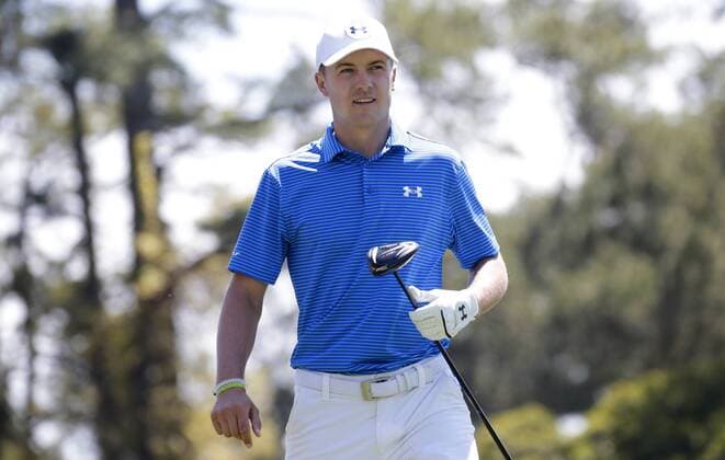 Jordan Spieth walks to the fairway after hitting a tee shot while playing a practice round at the 2017 Masters Tournament at Augusta National Golf Club in Augusta, Georgia on April 2, 2017.  AUG20170402108 JOHNxANGELILLO