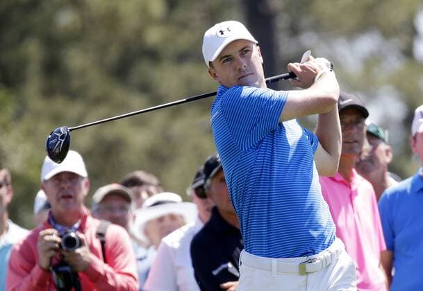 Jordan Spieth hits a tee shot while playing a practice round at the 2017 Masters Tournament at Augusta National Golf Club in Augusta, Georgia on April 2, 2017.  AUG20170402109 JOHNxANGELILLO