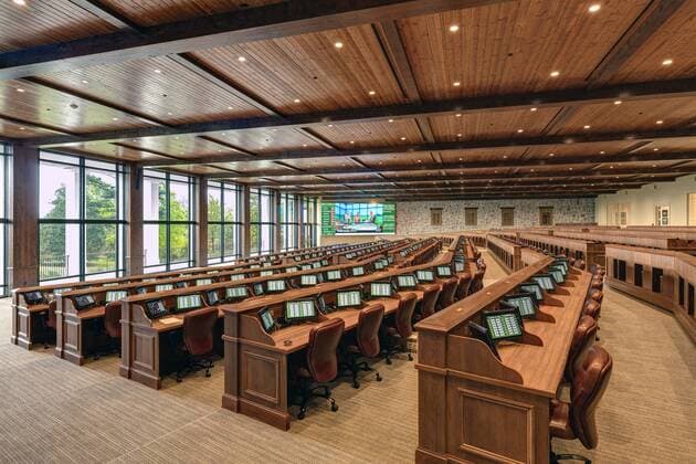 The Working Arena on the second floor of the new Press Building at Augusta National Golf Club. The new facility boasts a state of the art Working Arena and Interview Room, expanded suites for television, radio and photographers, new gentlemen and ladies locker rooms and a full-service restaurant.  AUG20170402142 MILLERxBROWN