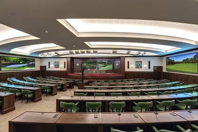 A view of the Interview Room in the new Press Building at Augusta National Golf Club. The new facility boasts a state of the art Working Arena and Interview Room, expanded suites for television, radio and photographers, new gentlemen and ladies locker rooms and a full-service restaurant.  AUG20170402144 MILLERxBROWN