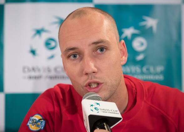 Belgian Steve Darcis pictured during a press conference PK Pressekonferenz of Belgian team ahead of the Davis Cup World Group quarterfinal between Belgium and Italy, Tuesday 04 April 2017, in Charleroi. This Davis Cup game will be played from 07 to 09 April 2017 in Charleroi. BENOITxDOPPAGNE  x05077342x