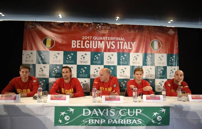 CHARLEROI - APRIL 4, 2017 : the Belgian team Joris de Loore Ruben Bemelmans Johan Van Herck David Goffin and Steve Darcis pictured during press conference PK Pressekonferenz of Davis Cup World quarterfinal match between Belgium and Italy in the Spiroudome on april 7 till 9 april, 2017 in Charleroi 4 04 2017 Belgium TENNIS : Conference De Presse Equipe Belgique - Coupe Davis - Charleroi - 04 04 2017 PhotoNews Panoramic  700029173