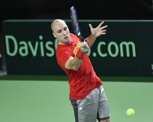 Belgian Steve Darcis plays at a training session of Belgian team ahead of the Davis Cup World Group quarterfinal between Belgium and Italy, Tuesday 04 April 2017, in Charleroi. This Davis Cup game will be played from 07 to 09 April 2017 in Charleroi. BENOITxDOPPAGNE  x05077350x