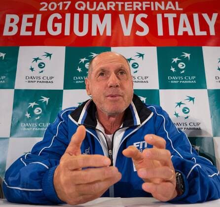 Italian captain Corrado Barazzutti pictured during a press conference PK Pressekonferenz of Italian team ahead of the Davis Cup World Group quarterfinal between Belgium and Italy, Tuesday 04 April 2017, in Charleroi. This Davis Cup game will be played from 07 to 09 April 2017 in Charleroi. BENOITxDOPPAGNE  x05077376x