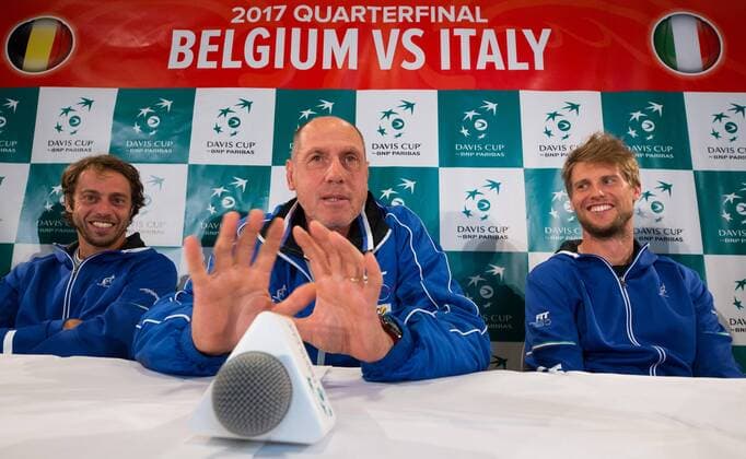Italian Paolo Lorenzi, Italian captain Corrado Barazzutti and Italian Andreas Seppi pictured during a press conference PK Pressekonferenz of Italian team ahead of the Davis Cup World Group quarterfinal between Belgium and Italy, Tuesday 04 April 2017, in Charleroi. This Davis Cup game will be played from 07 to 09 April 2017 in Charleroi. BENOITxDOPPAGNE  x05077381x