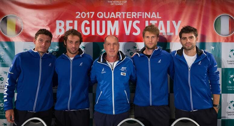 Italian Alessandro Giannessi, Italian Paolo Lorenzi, Italian captain Corrado Barazzutti, Italian Andreas Seppi and Italian Simone Bolelli pose for the photographer a press conference PK Pressekonferenz of Italian team ahead of the Davis Cup World Group quarterfinal between Belgium and Italy, Tuesday 04 April 2017, in Charleroi. This Davis Cup game will be played from 07 to 09 April 2017 in Charleroi. BENOITxDOPPAGNE  x05077373x