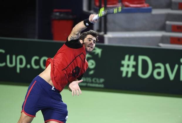 CHARLEROI - APRIL 4, 2017 : Simone Bolelli of Italy pictured during practice session before Davis Cup World quarterfinal match between Belgium and Italy in the Spiroudome on april 7 till 9 april, 2017 in Charleroi 4 04 2017 Belgium TENNIS : Entrainement Equipe Italie - Coupe Davis - Charleroi - 04 04 2017 PhotoNews Panoramic  700029173