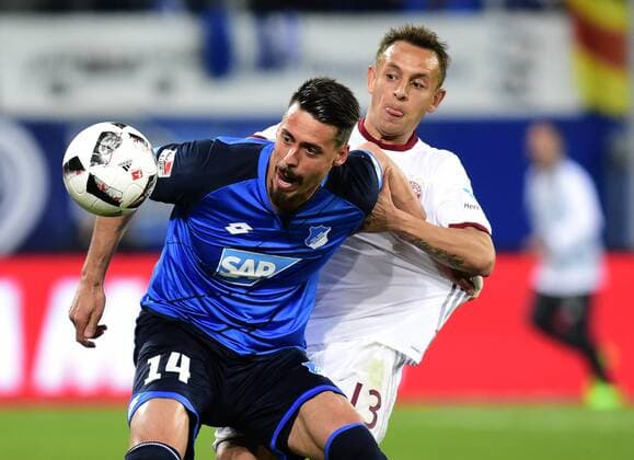 Fussball-Bundesliga - Saison 2016 2017 - Sinsheim - Rhein-Neckar-Arena - 4.4.2017 TSG 1899 Hoffenheim (1899) - FC Bayern München (fcb) 1:0 Sandro WAGNER (TSG 1899 Hoffenheim), li - RAFINHA (FC Bayern München) Fussball-Bundesliga - TSG1899 Hoffenheim