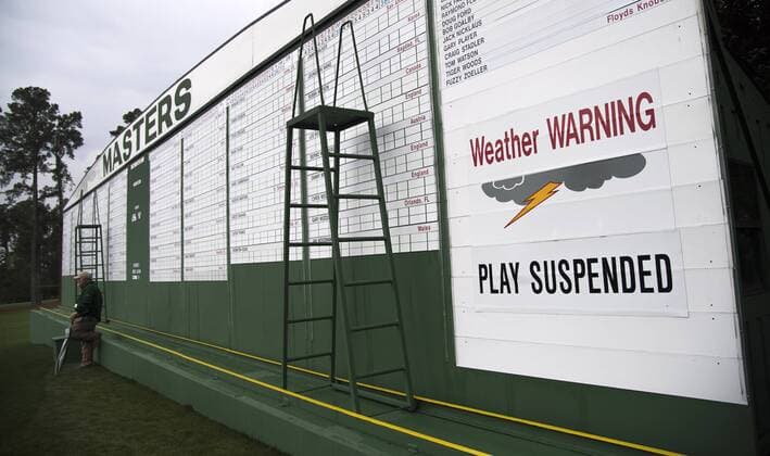 A weather warning sign is seen on the scoreboard as after traditional par 3 contest was canceled due to approaching rain and thunderstorms on Wednesday at the 2017 Masters Tournament at Augusta National Golf Club in Augusta, Georgia on April 5, 2017.  AUG20170405304 KEVINxDIETSCH
