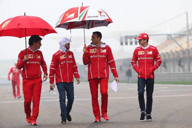 Chinese Grand Prix, Shanghai 06 - 09 April 2017 06.04.2017 - Sebastian Vettel (GER) Scuderia Ferrari SF70H, Riccardo Adami (ITA) Ferrari Race Engineer and Charles Leclerc (MON) Test Driver, Ferrari 