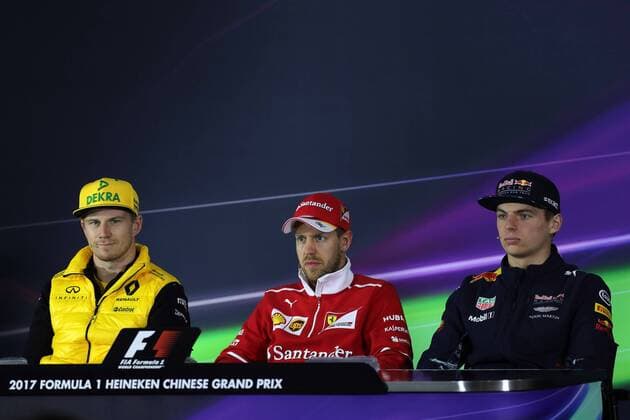 Chinese Grand Prix, Shanghai 06 - 09 April 2017 06.04.2017 - press conference PK Pressekonferenz Nico Hulkenberg (GER) Renault F1 Team RS17, Sebastian Vettel (GER) Scuderia Ferrari SF70H and Max Verstappen (NED) Red Bull Racing RB13 