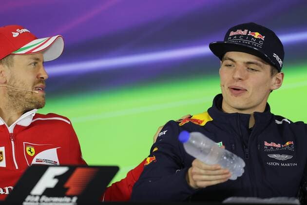 German F1 driver Sebastian Vettel of Ferrari, left, and Dutch F1 driver Max Verstappen of of Red Bull Racing attend a press conference PK Pressekonferenz ahead of the 2017 Formula One Chinese Grand Prix at the Shanghai International Circuit in Shanghai, China, 6 April 2017. F1 drivers attend press conference for 2017 Formula One Chinese Grand Prix  20170406_32203
