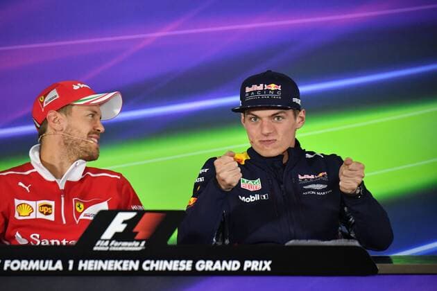 Bilder des Tages - SPORT German F1 driver Sebastian Vettel of Ferrari, left, and Dutch F1 driver Max Verstappen of of Red Bull Racing attend a press conference PK Pressekonferenz ahead of the 2017 Formula One Chinese Grand Prix at the Shanghai International Circuit in Shanghai, China, 6 April 2017. F1 drivers attend press conference for 2017 Formula One Chinese Grand Prix  20170406_49492