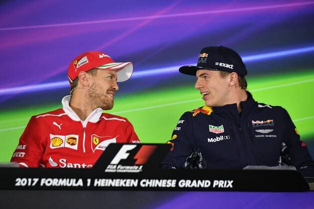 German F1 driver Sebastian Vettel of Ferrari, left, and Dutch F1 driver Max Verstappen of of Red Bull Racing attend a press conference PK Pressekonferenz ahead of the 2017 Formula One Chinese Grand Prix at the Shanghai International Circuit in Shanghai, China, 6 April 2017. F1 drivers attend press conference for 2017 Formula One Chinese Grand Prix  20170406_62535