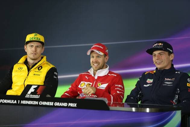 (From left) German F1 driver Nico Hulkenberg of Renault, German Formula One driver Sebastian Vettel of Scuderia Ferrari, and Dutch F1 driver Max Verstappen of of Red Bull Racing attend a press conference PK Pressekonferenz ahead of the 2017 Formula One Chinese Grand Prix at the Shanghai International Circuit in Shanghai, China, 6 April 2017. F1 drivers attend press conference for 2017 Formula One Chinese Grand Prix  20170406_83581