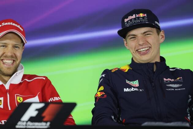 German F1 driver Sebastian Vettel of Ferrari, left, and Dutch F1 driver Max Verstappen of of Red Bull Racing attend a press conference PK Pressekonferenz ahead of the 2017 Formula One Chinese Grand Prix at the Shanghai International Circuit in Shanghai, China, 6 April 2017. F1 drivers attend press conference for 2017 Formula One Chinese Grand Prix  20170406_09345